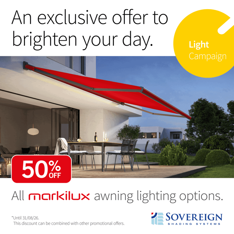 Modern red retractable awning by Sovereign Shading Systems for outdoor shading and sun protection.